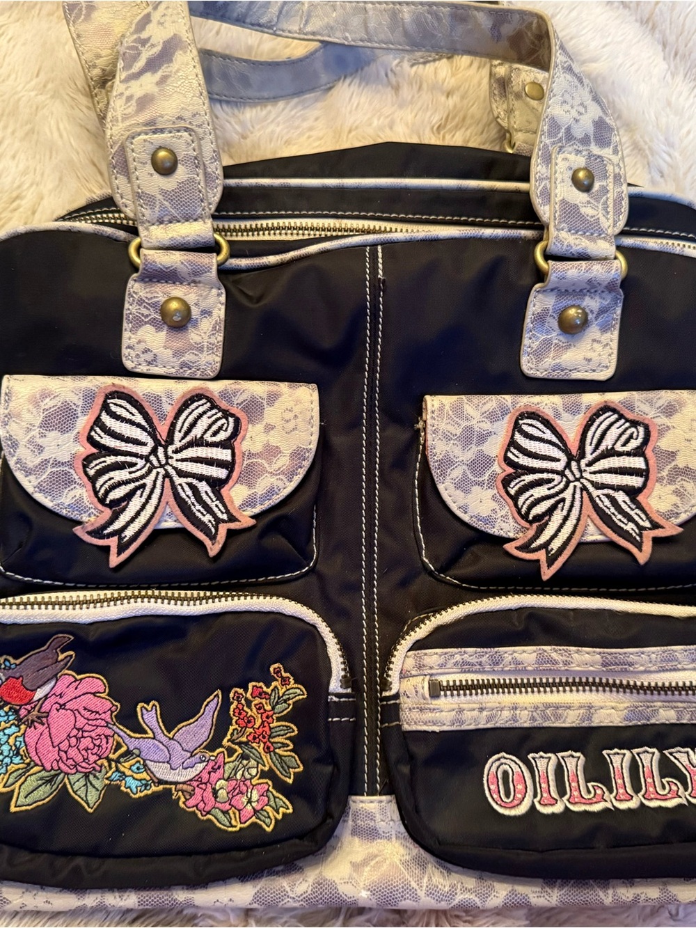 Oilily Black Tote with Lavender Lace Trim & Pink Bow Appliqués